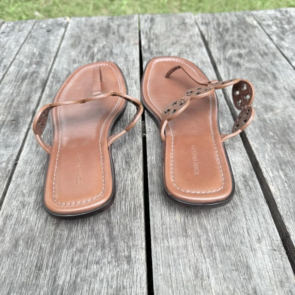 Tory Burch Tiny Mini Miller Sandals Thong Leather Flats Size 10 Brown EUC